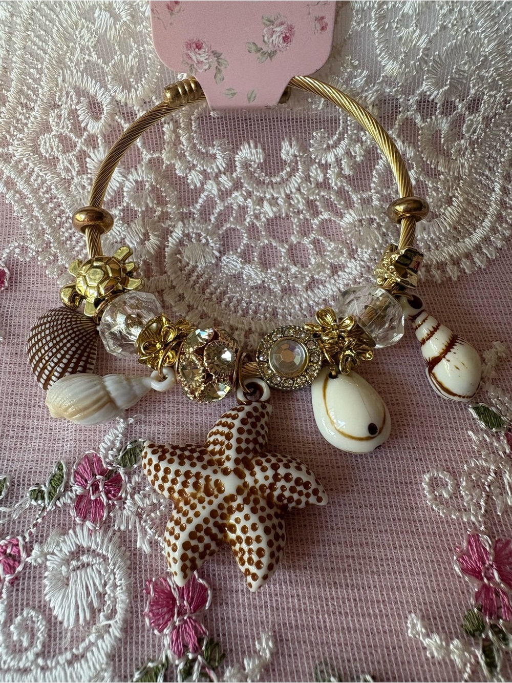 Gold Shell & Starfish Charm Bangle Bracelet - Beach-Inspired Jewelry